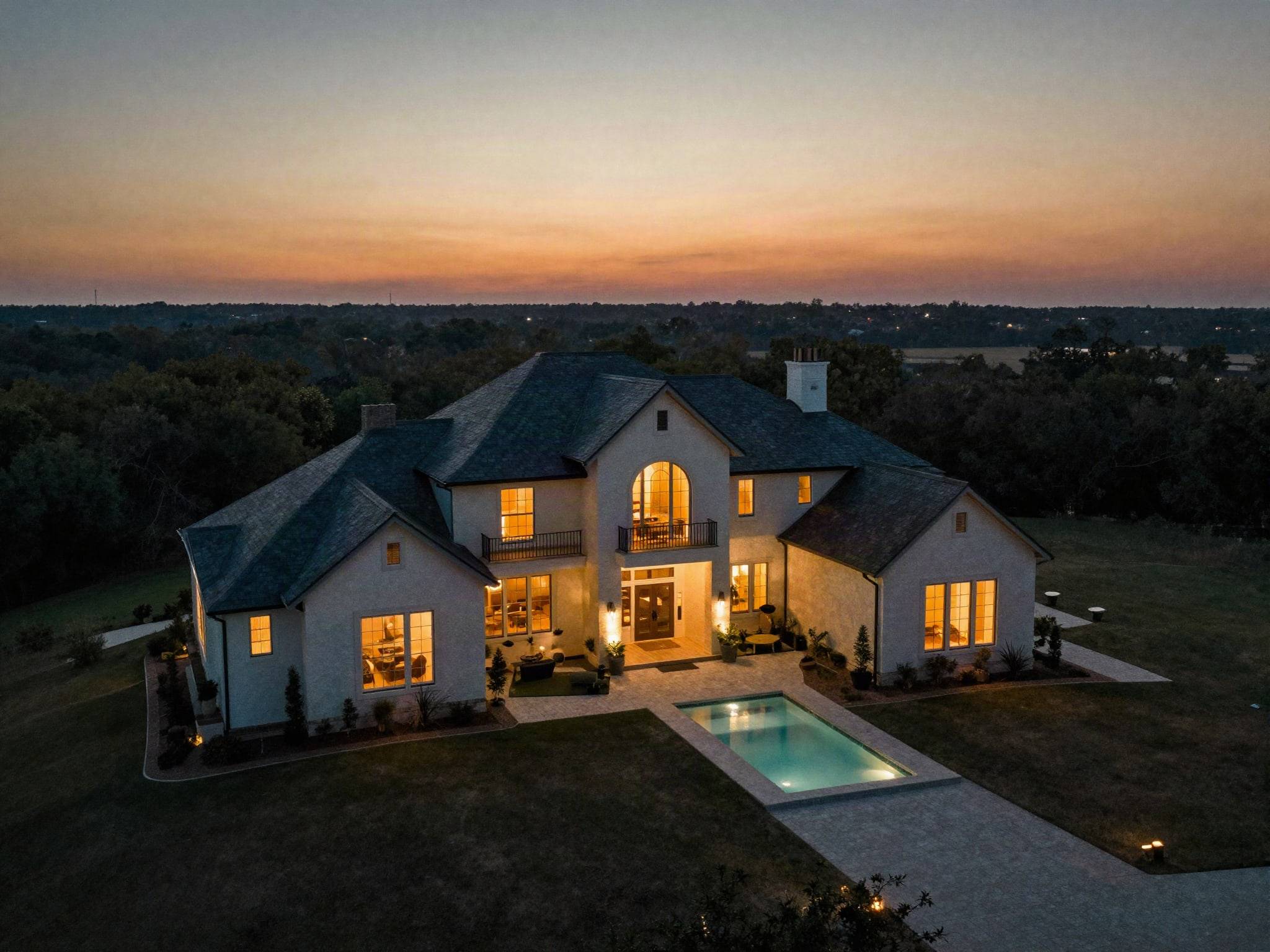 Aerial of a two-story home at dusk with lit windows and a pool
