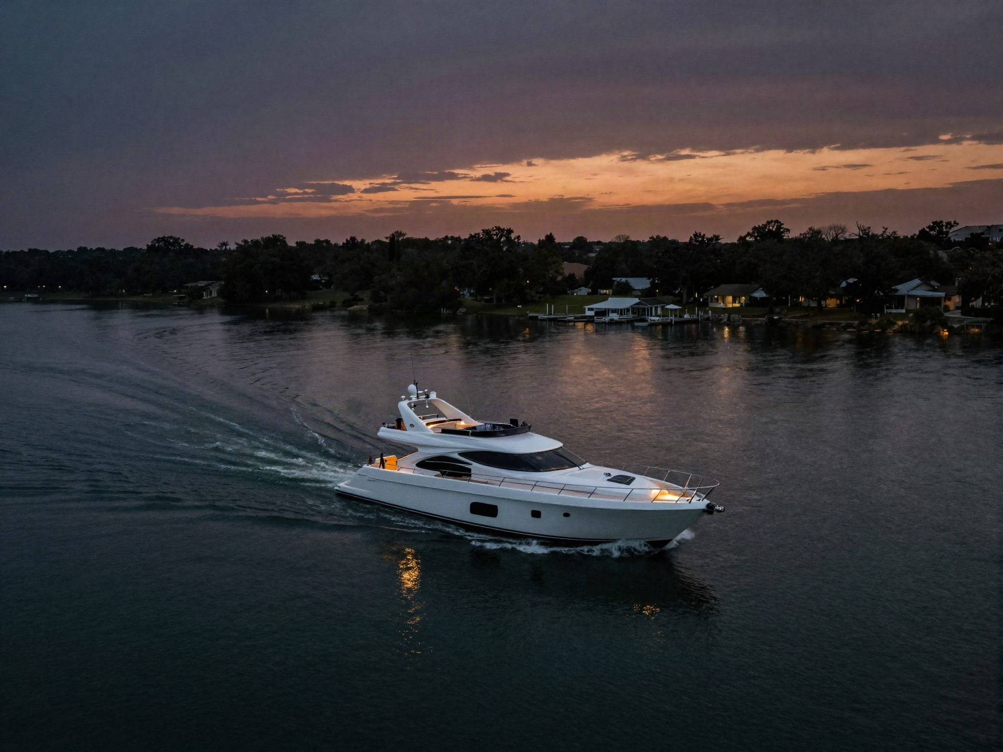 White motor yacht cruising on a calm lake at dusk with its wake trailing behind